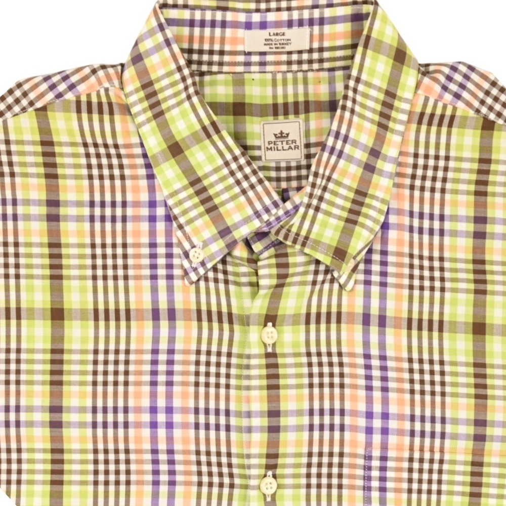 100% Cotton Peter Millar Mens L Plaid Custom Embroidered Cuff Luxury Sport Shirt